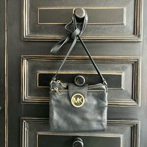 Michael Kors Black Leather Crossbody with Gold MK Emblem